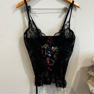 Sally’s Place size 40 black and floral lace and satin bustier corset
